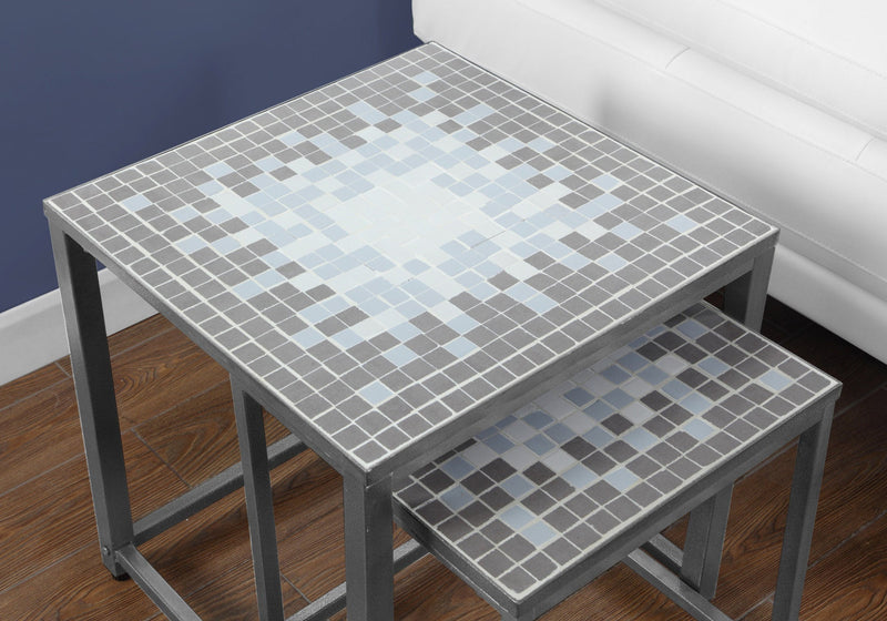 Nesting Table - 2Pcs Set / Grey / Blue Tile Top / Silver - I 3141