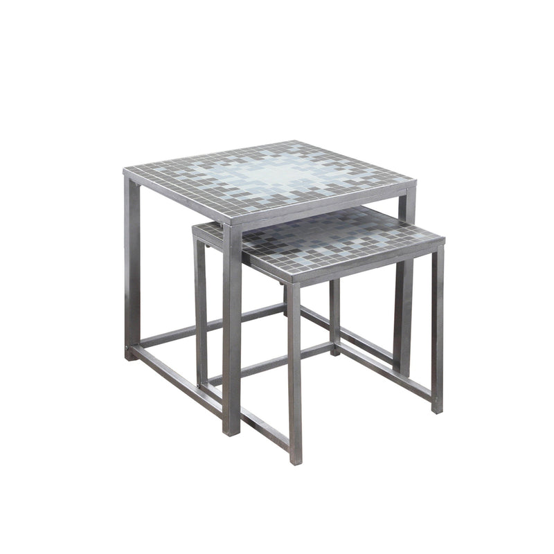 Nesting Table - 2Pcs Set / Grey / Blue Tile Top / Silver - I 3141