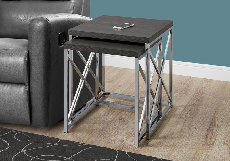 Nesting Table - 2Pcs Set / Grey With Chrome Metal - I 3226