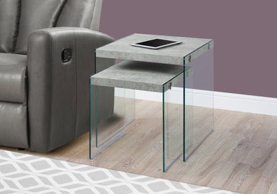 Nesting Table - 2Pcs Set / Grey Cement / Tempered Glass - I 3231