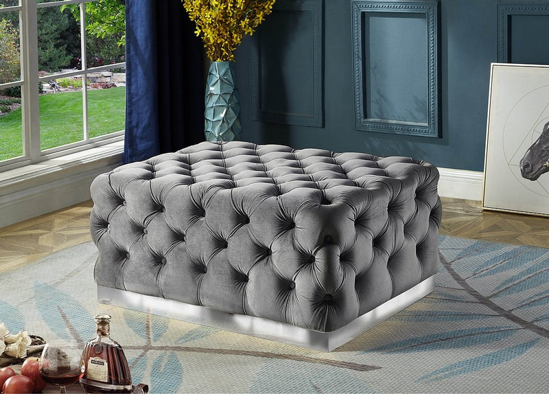 Grey Velvet Ottoman with Deep Tufting and Stainless Steel Base - IF-6265