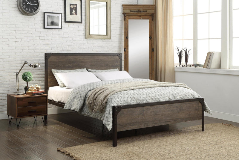 Rustic Wood Panel Bed with Steel Frame - IF-5210-S