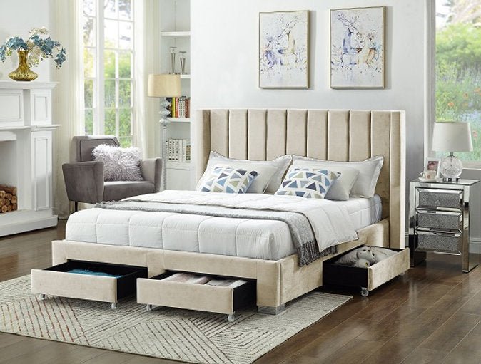 Creme Velvet Winged Storage Bed with Vertical Tufting - IF-5312-Q