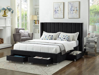 Black Velvet Winged Storage Bed with Vertical Tufting - IF-5313-Q