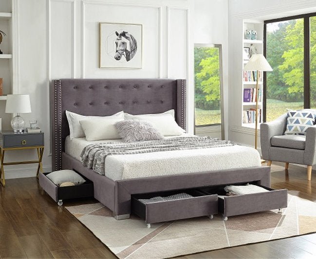 Grey Velvet Winged Storage Bed with Deep Tufting & Nailhead Trim - IF-5320-Q