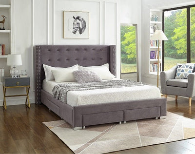 Grey Velvet Winged Storage Bed with Deep Tufting & Nailhead Trim - IF-5320-Q