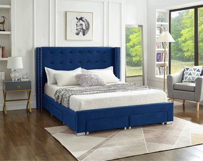Blue Velvet Winged Storage Bed with Deep Tufting & Nailhead Trim - IF-5321-D