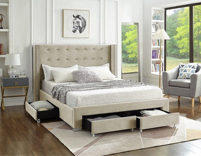 Creme Velvet Winged Storage Bed with Deep Tufting & Nailhead Trim - IF-5322-Q