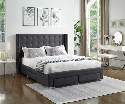 Grey Fabric Winged Storage Bed with Deep Tufting & Nailhead Trim - IF-5327-D