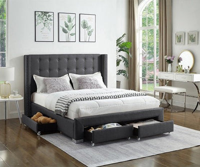 Grey Fabric Winged Storage Bed with Deep Tufting & Nailhead Trim - IF-5327-D