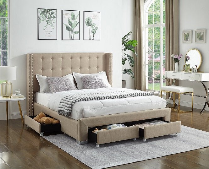 Beige Fabric Winged Storage Bed with Deep Tufting & Nailhead Trim - IF-5328-D
