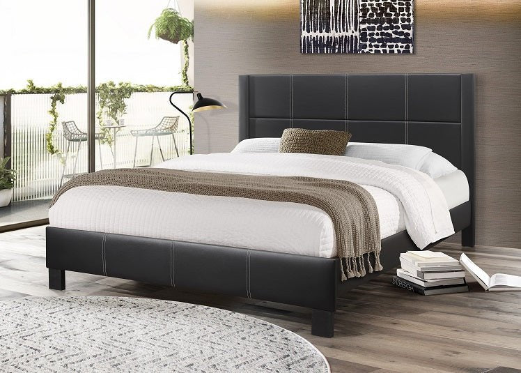 Black Leatherette Platform Bed with Grid Pattern Headboard (Bed-in-a-box packaging) - IF-5350-S-B