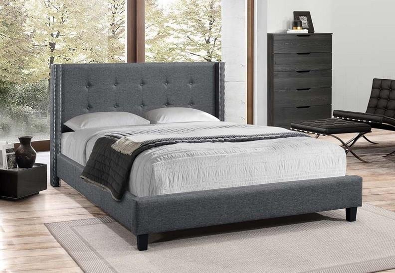 Dark Grey Fabric Bed with Tufted Headboard and Nail Head detail - IF-5435-D