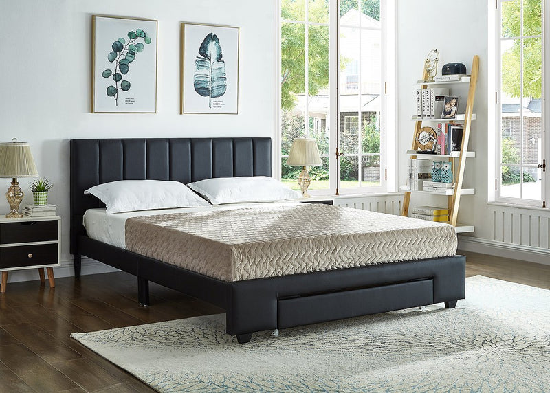 Black Leatherette Bed with Padded Headboard and Storage Drawer - IF-5480-D-B