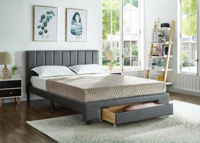 Grey Leatherette Bed with Padded Headboard and Storage Drawer - IF-5481-D-G