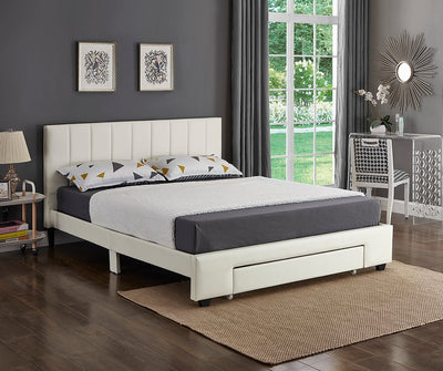White Leatherette Bed with Padded Headboard and Storage Drawer - IF-5482-D-W