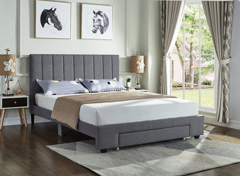 Grey Fabric Bed with Padded Headboard and Storage Drawer - IF-5483-D-G