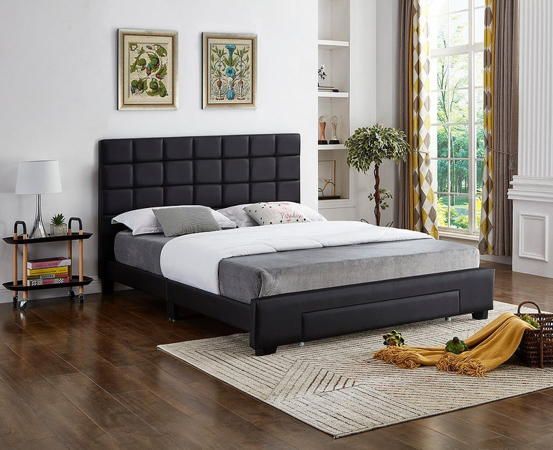 Black Leatherette Platform Bed with a Square Pattern Tufted Headboard and Storage - IF-5490-D-B