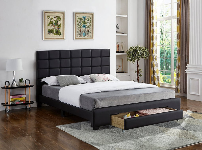 Black Leatherette Platform Bed with a Square Pattern Tufted Headboard and Storage - IF-5490-D-B