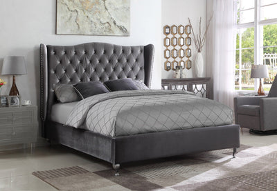 Grey Velvet Fabric Bed with Nailhead and Rhinestone Details - IF-5520-Q