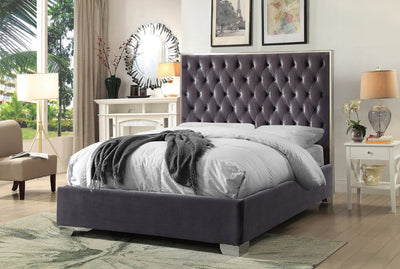 Grey Velvet Fabric with Deep Tufting and Chrome Trim on Headboard - IF-5540-Q