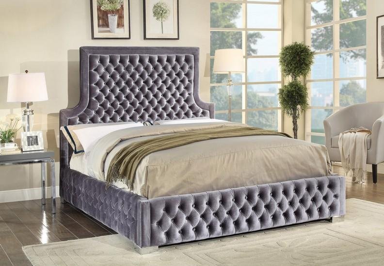 Grey Velvet Fabric Bed with Button Tufted Design - IF-5600-Q