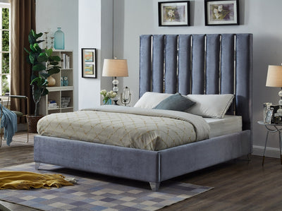 Glamorous Bed featuring Chrome Channel Design in Velvet Grey Fabric Upholstery - IF-5620-Q