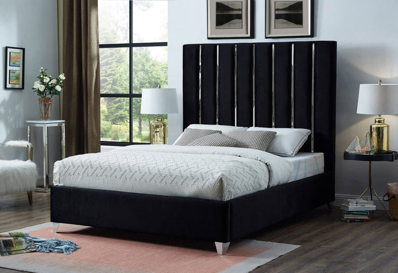 Glamorous Bed featuring Chrome Channel Design in Velvet Black Fabric Upholstery - IF-5621-Q