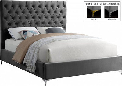 Deep Tufted Grey Velvet Fabric Bed with Dual Chrome/Gold Legs - IF-5640-D