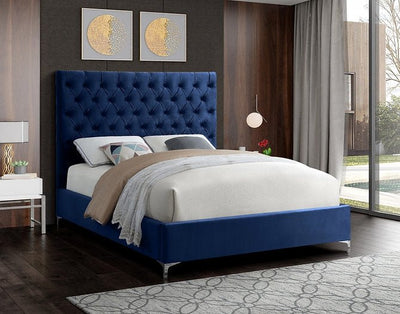 Deep Tufted Blue Velvet Fabric Bed with Dual Chrome/Gold Legs - IF-5641-D