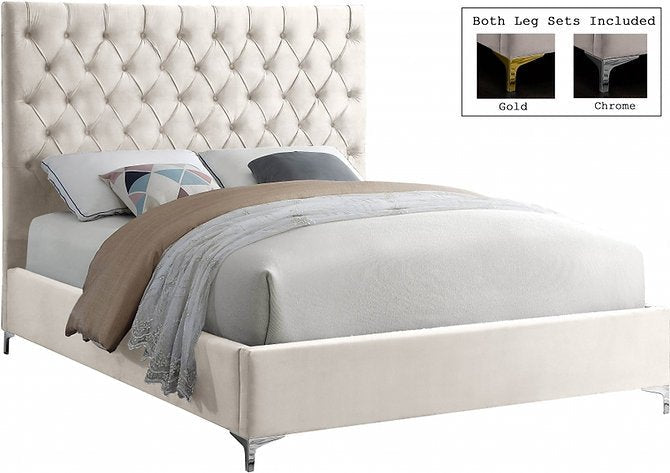 Deep Tufted Creme Velvet Fabric Bed with Dual Chrome/Gold Legs - IF-5642-D