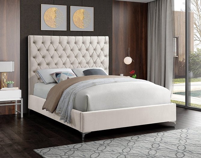 Deep Tufted Creme Velvet Fabric Bed with Dual Chrome/Gold Legs - IF-5642-D