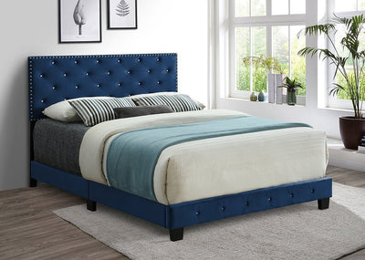 Blue Velvet Bed with Nailhead and Rhinestone Details - IF-5652-D-B
