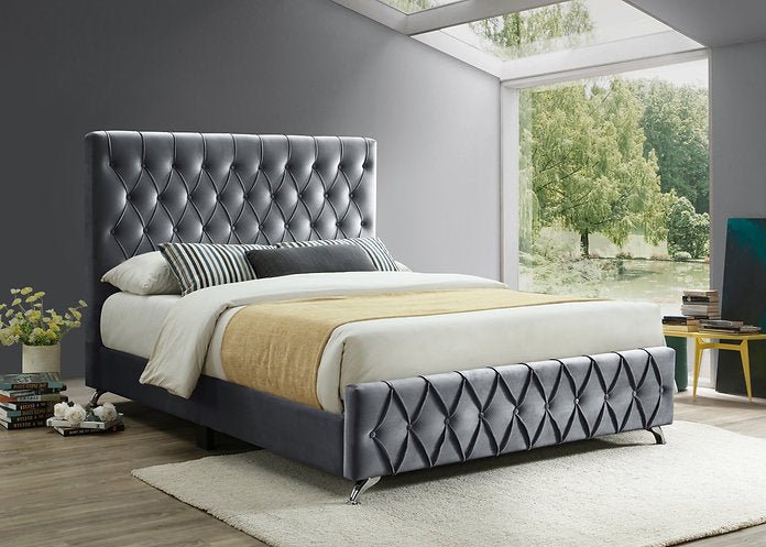 Grey Velvet Bed with Diamond Pattern Button Details and Chrome Legs - IF-5670-Q