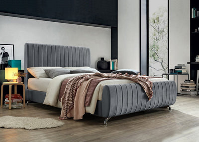 Grey Velvet Bed with Deep Tufting and Chrome Legs - IF-5675-Q-G