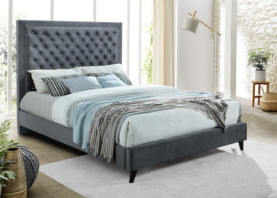 Deep Tufted Upholstered Grey Bed with Rhinestone and Nailhead Details - IF-5680-Q-G
