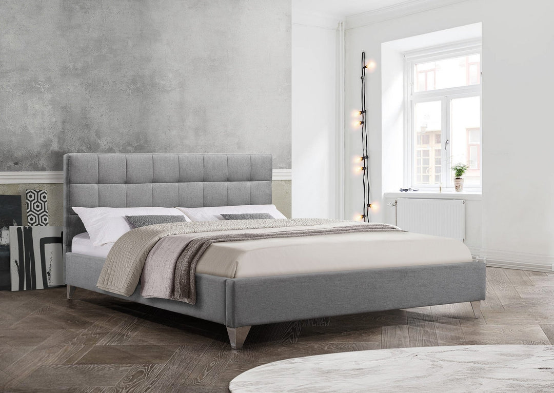 Upgrade Your Bedroom with our High Quality Grey Upholstered Fabric Bed Grid Tufted Design and Chrome Legs Payless Furniture