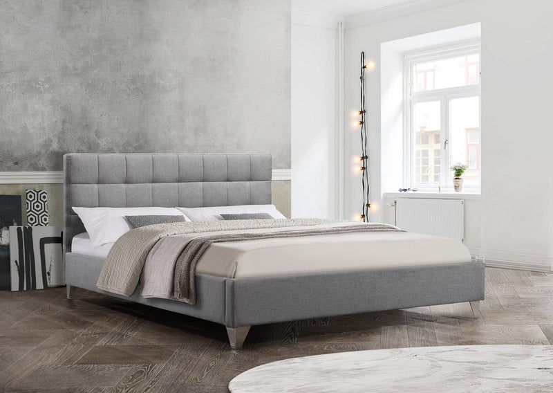 Grey Upholstered Fabric Bed with Grid-Tufted Design and Chrome Legs - IF-5710-D