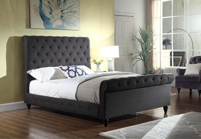 Charcoal Fabric Sleigh Bed With Nailhead Details - IF-5750-Q