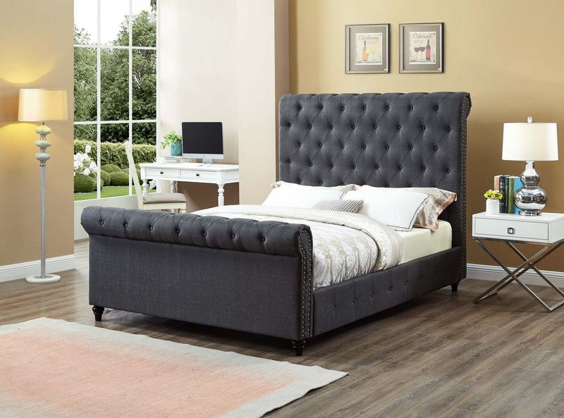 Charcoal Fabric Sleigh Bed with Nailhead Details - IF-5750-Q