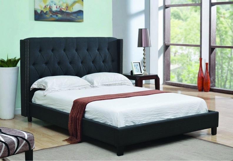 Charcoal Fabric Bed with Nailhead Detail - IF-5800-D