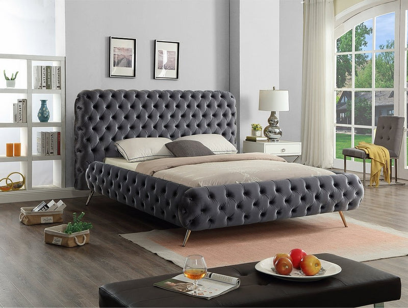 Grey Velvet Fabric Bed with Extra Deep Button Tufting and Sleek Chrome Leg - IF-5865-Q-G