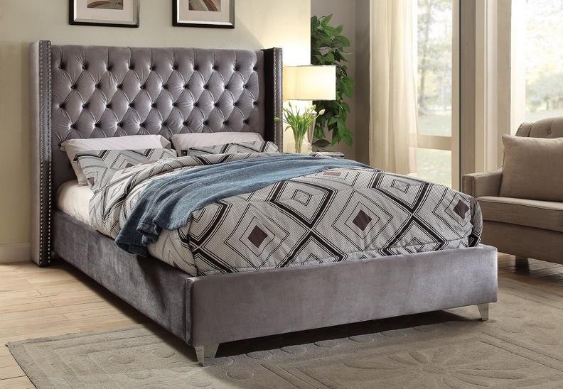 Grey Velvet Fabric Bed With Nailhead Details and Wing Design - IF-5890-Q