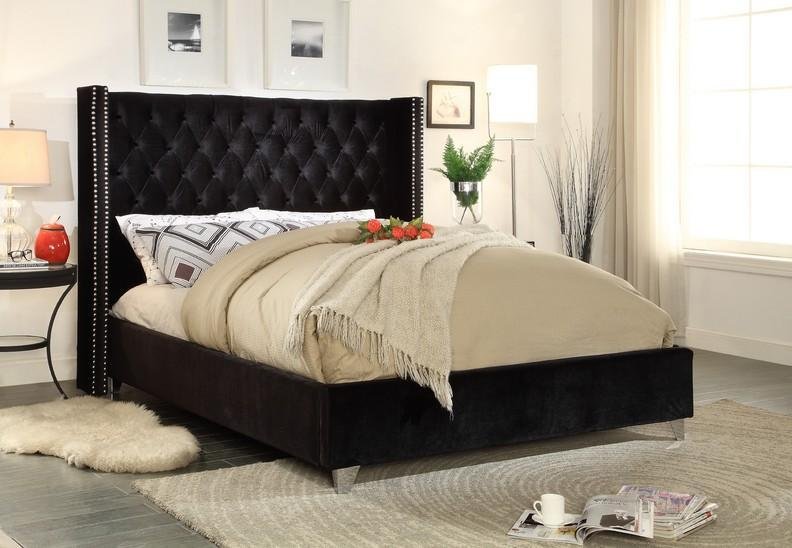 Black Velvet Fabric Bed With Nailhead Details and Wing Design - IF-5893-D