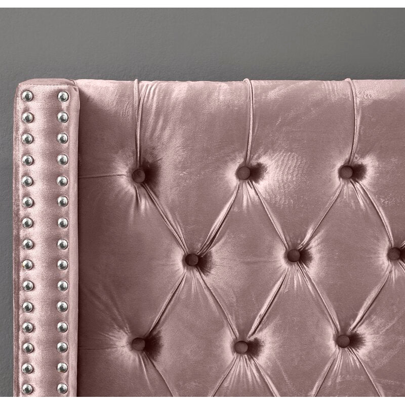 Dusty Pink Velvet Wing Bed with Deep Button Tufting and Nailhead Details - IF-5895-S-P