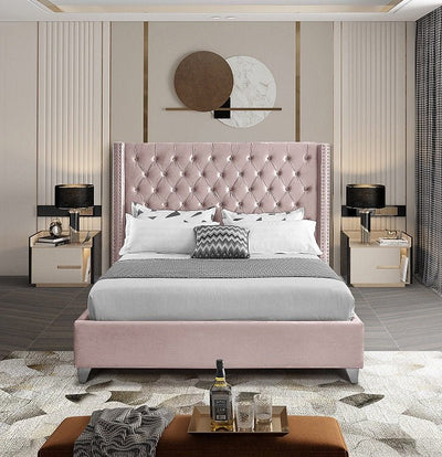 Dusty Pink Velvet Wing Bed with Deep Button Tufting and Nailhead Details - IF-5895-S-P
