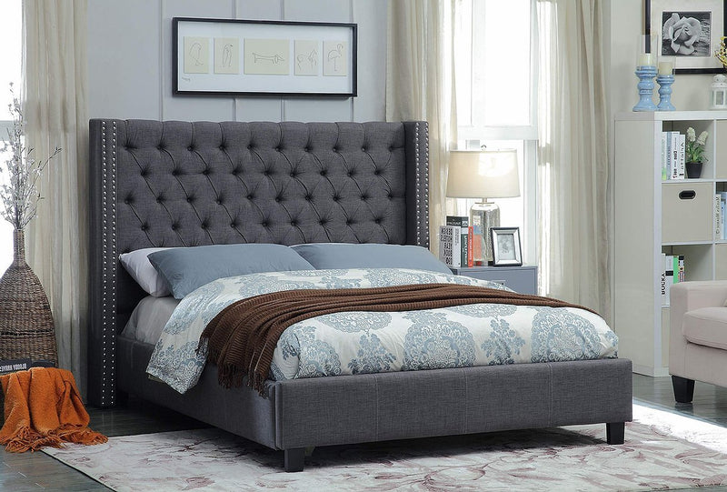 Grey Velvet Wing Bed with Deep Button Tufting and Nailhead Details - IF-5897-Q-G