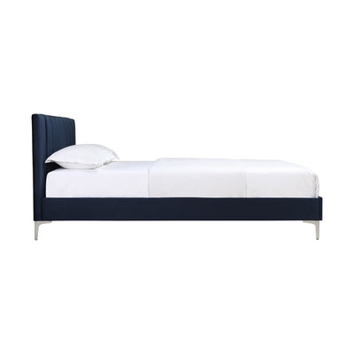 Navy blue upholstered queen bed