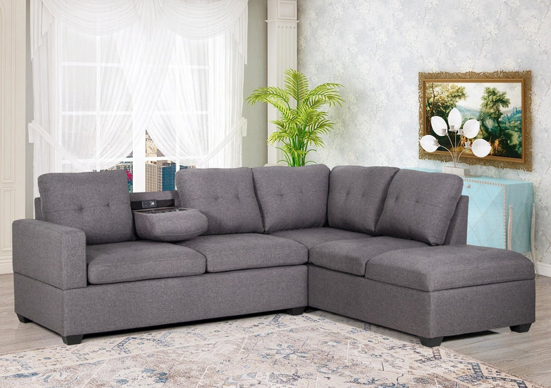 Sectional With Drop-down Tray and USB Wrapped in Grey Fabric - ME-3745