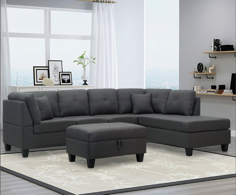 Grey Linen-Style Fabric Sectional With Storage Ottoman and Two Accent Pillows - T-1232-S